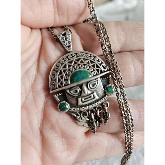 Peruvian Tumi God Chrysocolla Peruvian Silver 950 Signed AF With 925 Chain - Picture 2 of 7